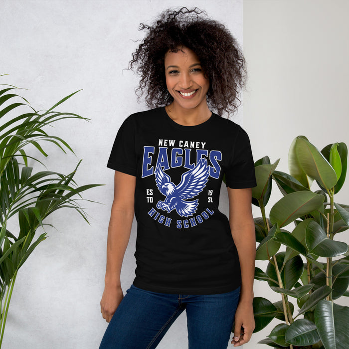 Woman wearing New Caney High School Eagles Black Premium Unisex T-shirt 213