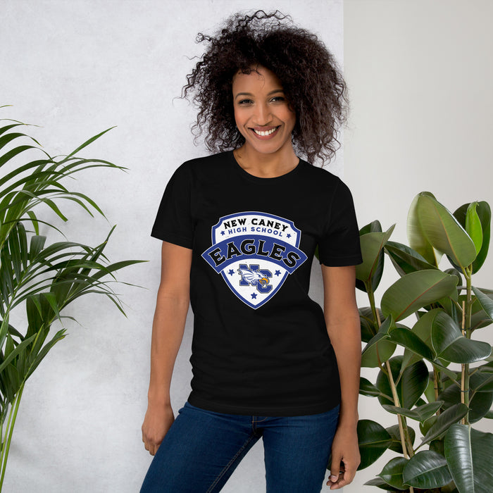 Woman wearing New Caney High School Eagles Black Premium Unisex T-shirt 221