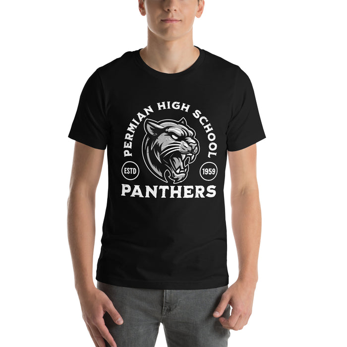 Man wearing Permian High School Panthers Black Premium Unisex T-shirt 208