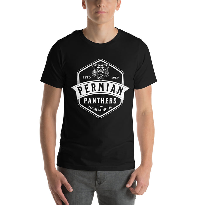 Man wearing Permian High School Panthers Black Premium Unisex T-shirt 209