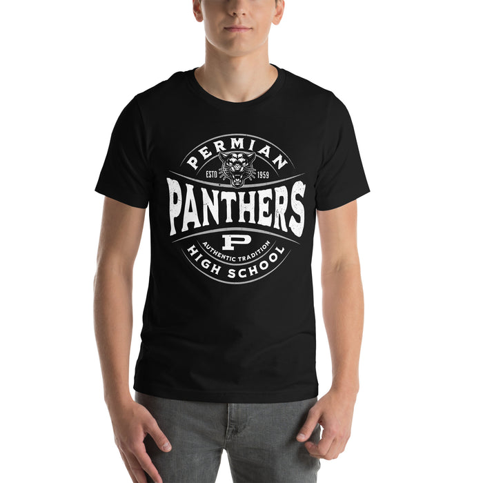 Man wearing Permian High School Panthers Black Premium Unisex T-shirt 218