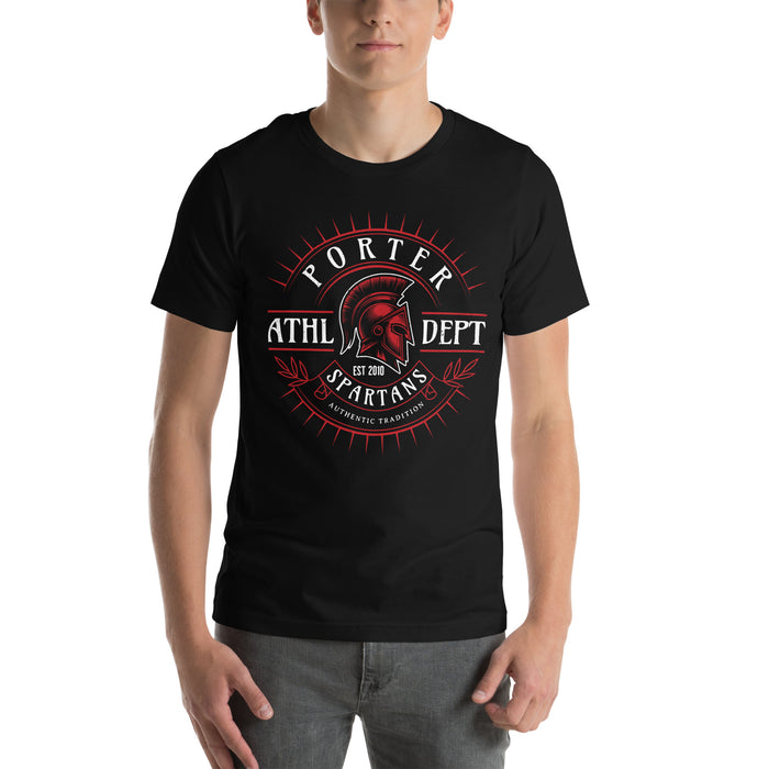 Man wearing Porter High School Spartans Black Premium Unisex T-shirt 201