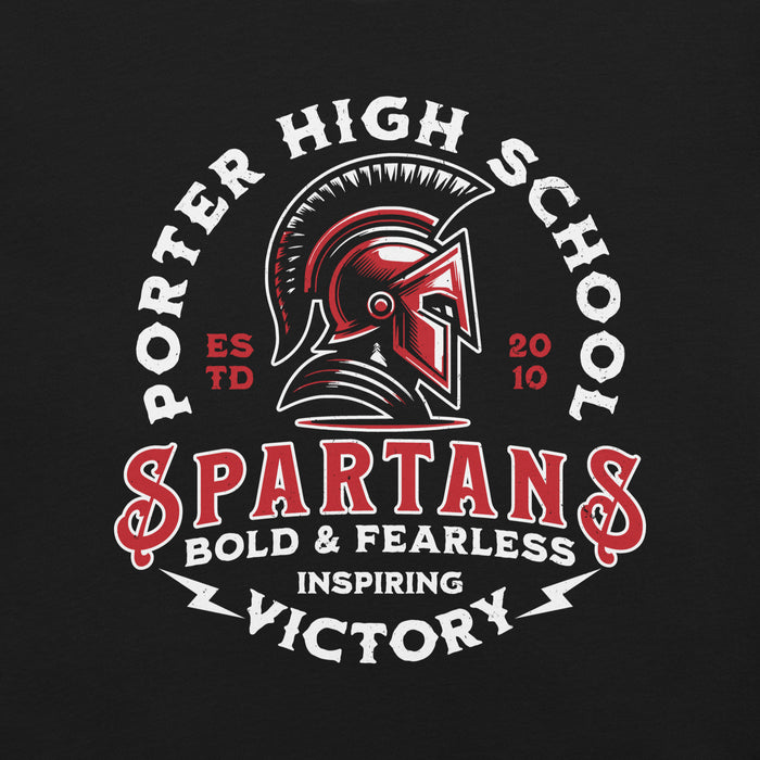 Close-up view of Porter High School Spartans Black Premium Unisex T-shirt 206