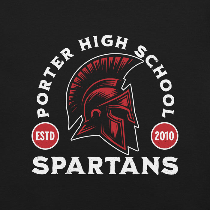 Close-up view of Porter High School Spartans Black Premium Unisex T-shirt 208