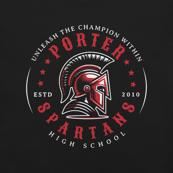 Close-up view of Porter High School Spartans Black Premium Unisex T-shirt 214