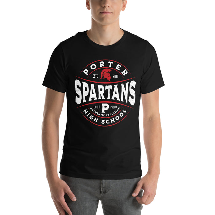 Man wearing Porter High School Spartans Black Premium Unisex T-shirt 218