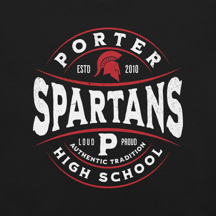 Close-up view of Porter High School Spartans Black Premium Unisex T-shirt 218