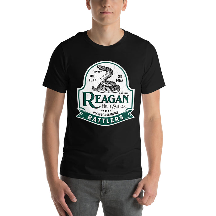 Man wearing Reagan High School Rattlers Black Premium Unisex T-shirt 219