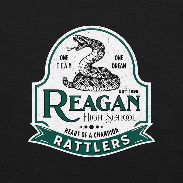 Close-up view of Reagan High School Rattlers Black Premium Unisex T-shirt 219