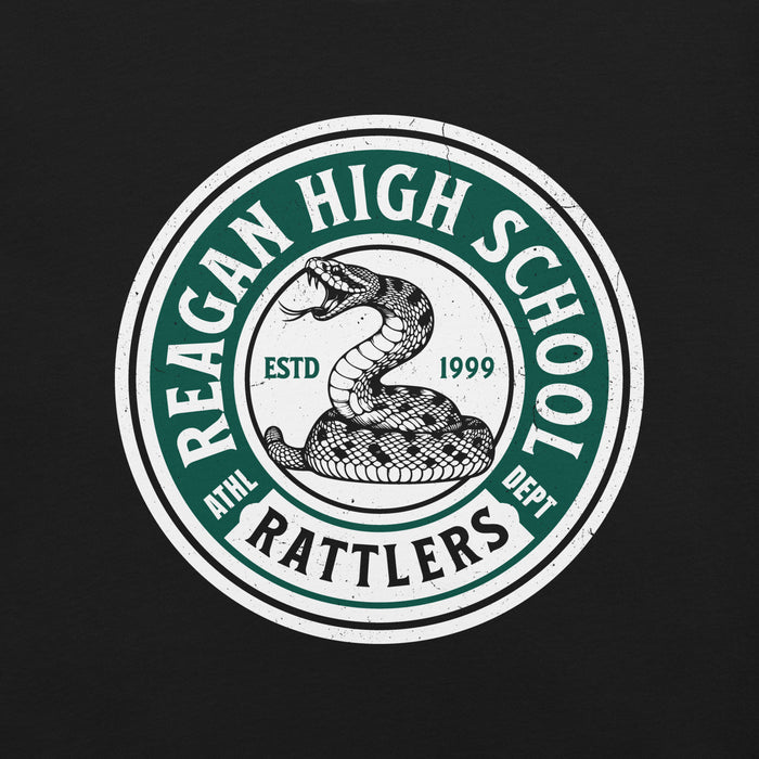 Close-up view of Reagan High School Rattlers Black Premium Unisex T-shirt 220