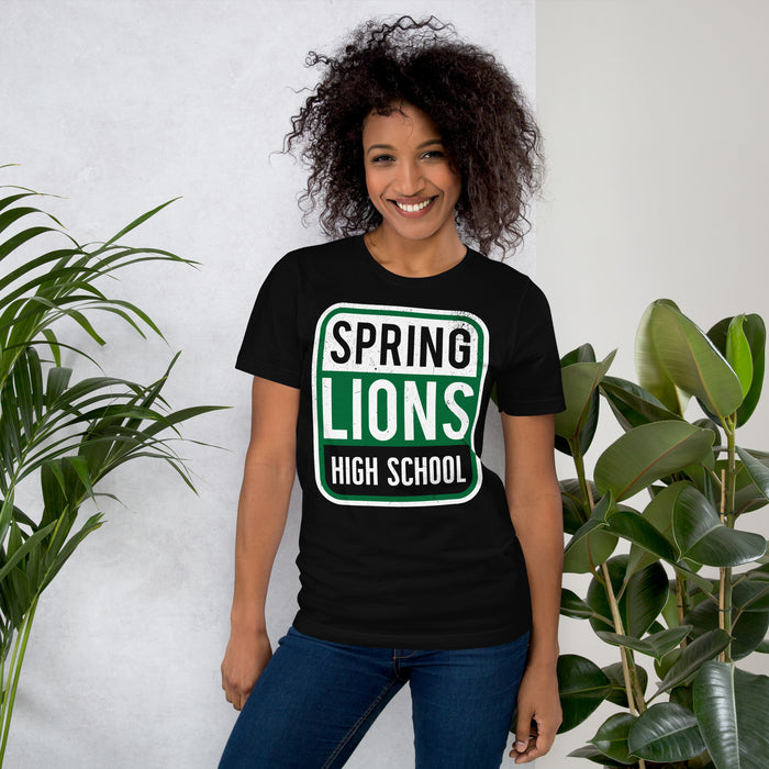 Woman wearing Spring High School Lions Black Premium Unisex T-shirt 001