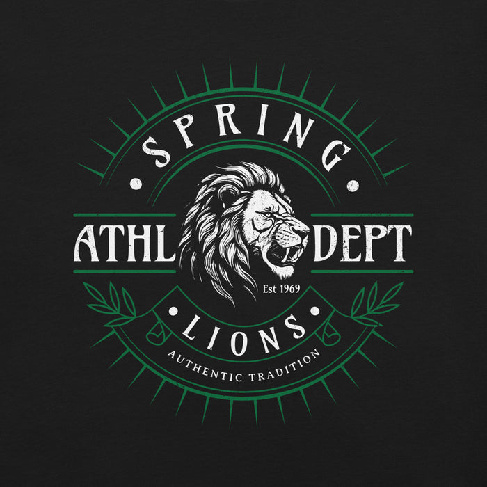 Close-up view of Spring High School Lions Black Premium Unisex T-shirt 201