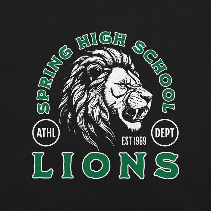 Close-up view of Spring High School Lions Black Premium Unisex T-shirt 205