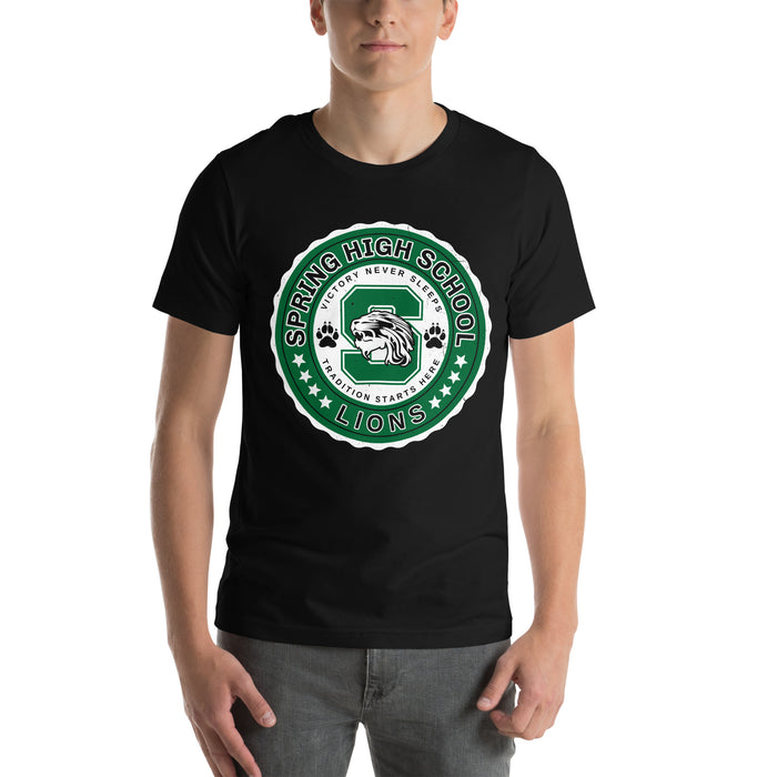 Man wearing Spring High School Lions Black Premium Unisex T-shirt 216