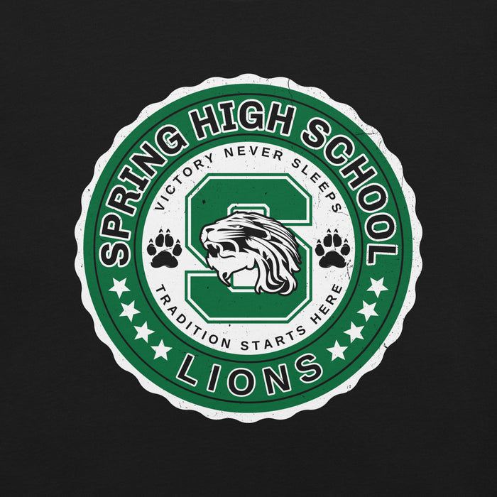 Close-up view of Spring High School Lions Black Premium Unisex T-shirt 216