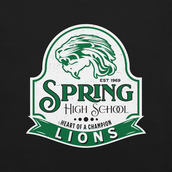 Close-up view of Spring High School Lions Black Premium Unisex T-shirt 219