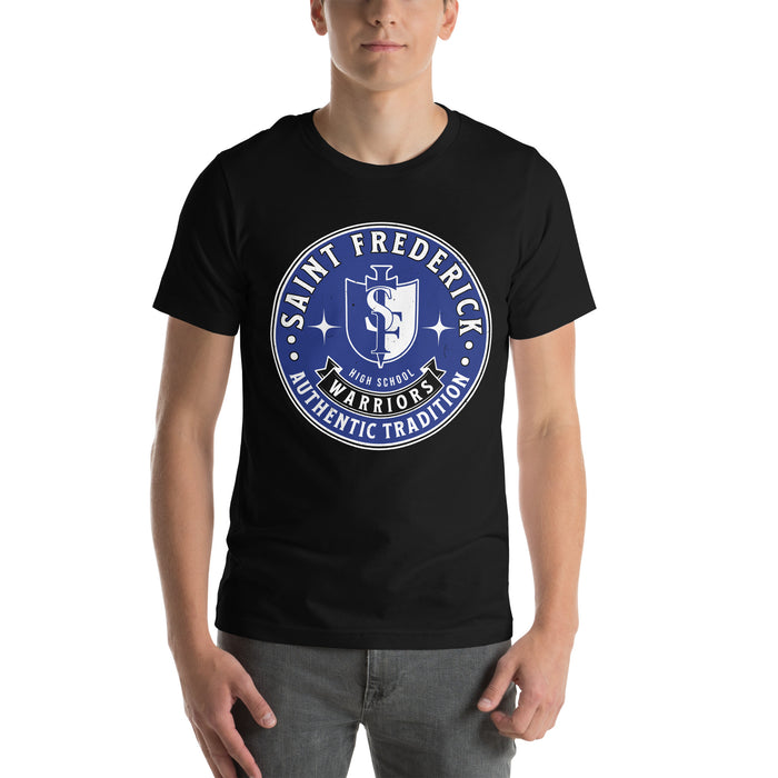 Man wearing St. Frederick High School Warriors Black Premium Unisex T-shirt 215