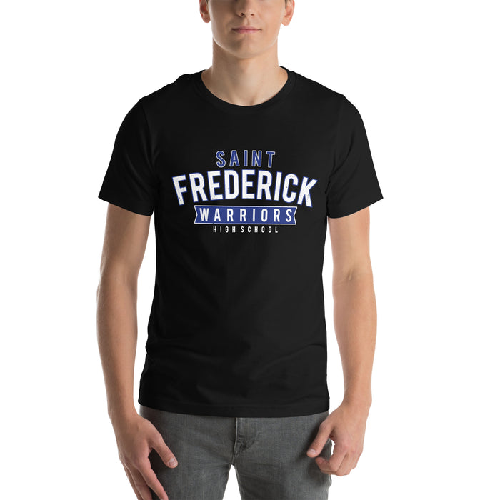 Man wearing St. Frederick High School Warriors Black Premium Unisex T-shirt 021