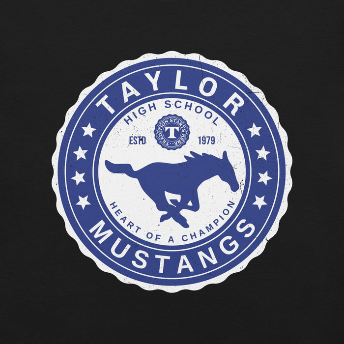 Close-up view of Taylor High School Mustangs Black Premium Unisex T-shirt 216