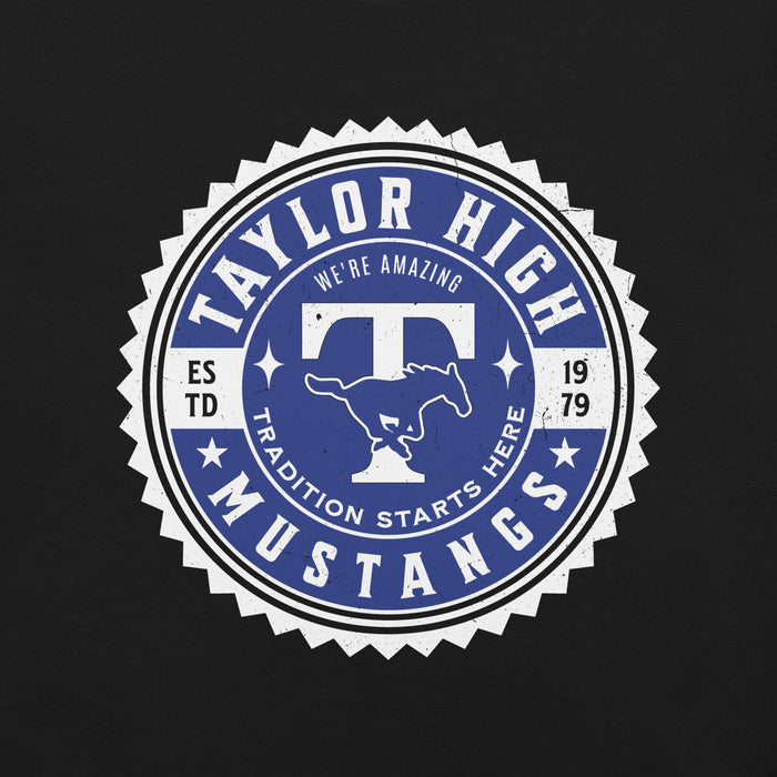 Close-up view of Taylor High School Mustangs Black Premium Unisex T-shirt 203