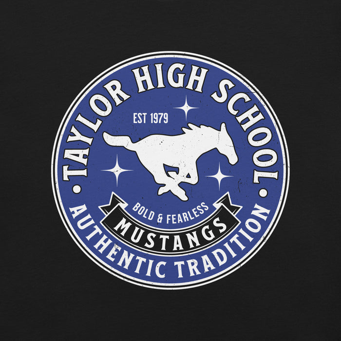 Close-up view of Taylor High School Mustangs Black Premium Unisex T-shirt 215