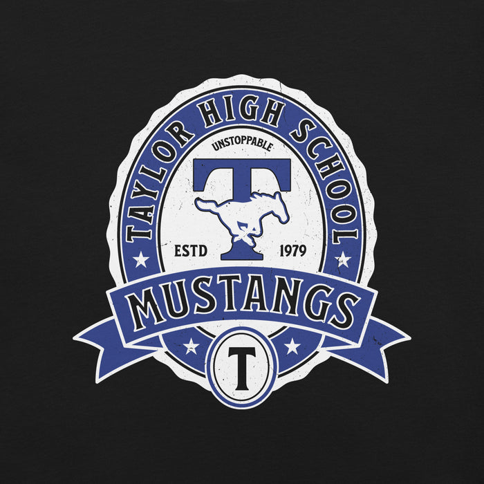 Close-up view of Taylor High School Mustangs Black Premium Unisex T-shirt 212