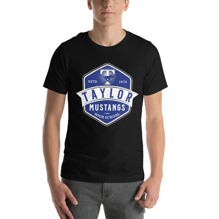 Man wearing Taylor High School Mustangs Black Premium Unisex T-shirt 209