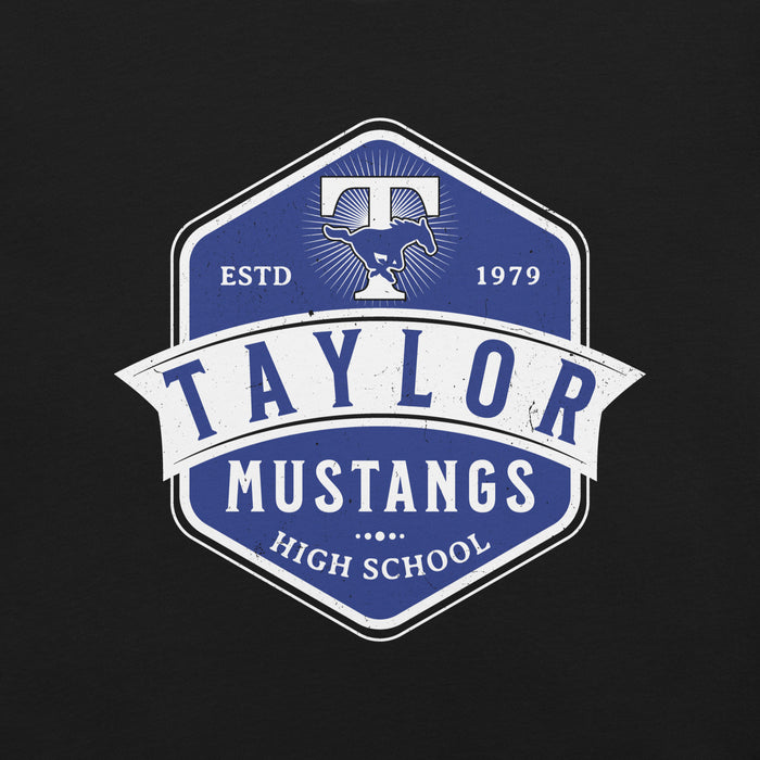 Close-up view of Taylor High School Mustangs Black Premium Unisex T-shirt 209