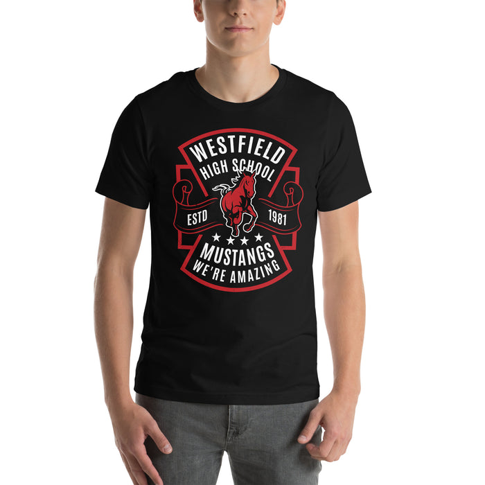 Man wearing Westfield High School Mustangs Black Premium Unisex T-shirt 207