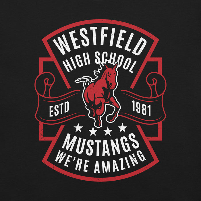 Close-up view of Westfield High School Mustangs Black Premium Unisex T-shirt 207