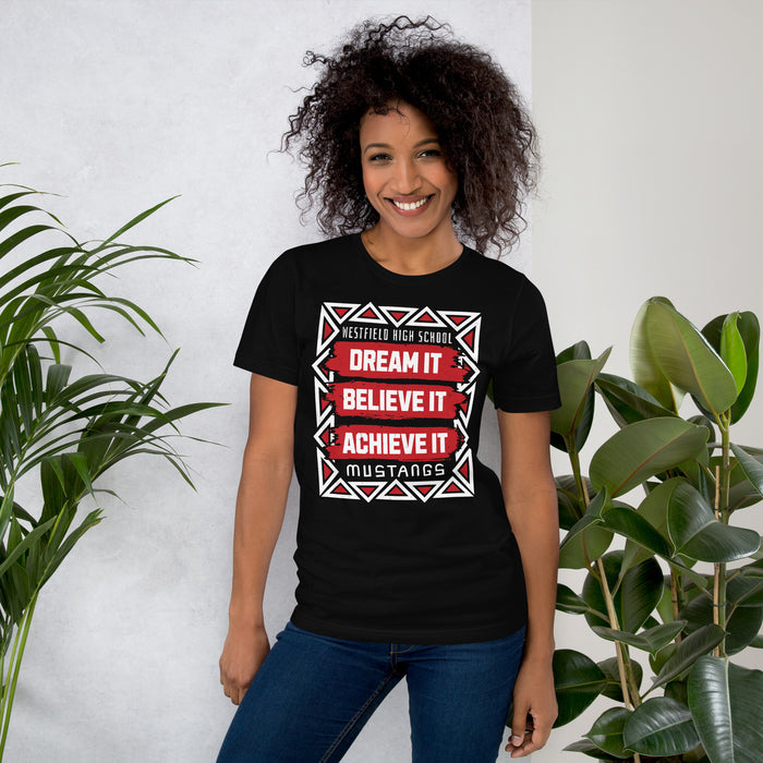 Woman wearing Westfield High School Mustangs Black Premium Unisex T-shirt 202