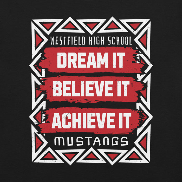 Close-up view of Westfield High School Mustangs Black Premium Unisex T-shirt 202