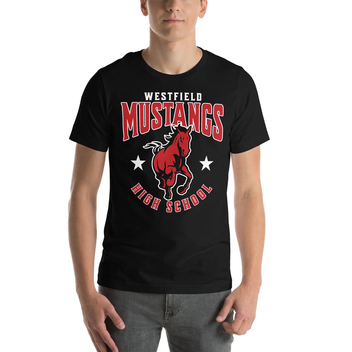 Man wearing Westfield High School Mustangs Black Premium Unisex T-shirt 213