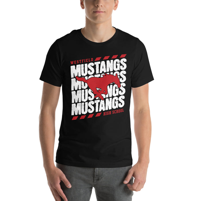 Man wearing Westfield High School Mustangs Black Premium Unisex T-shirt 223