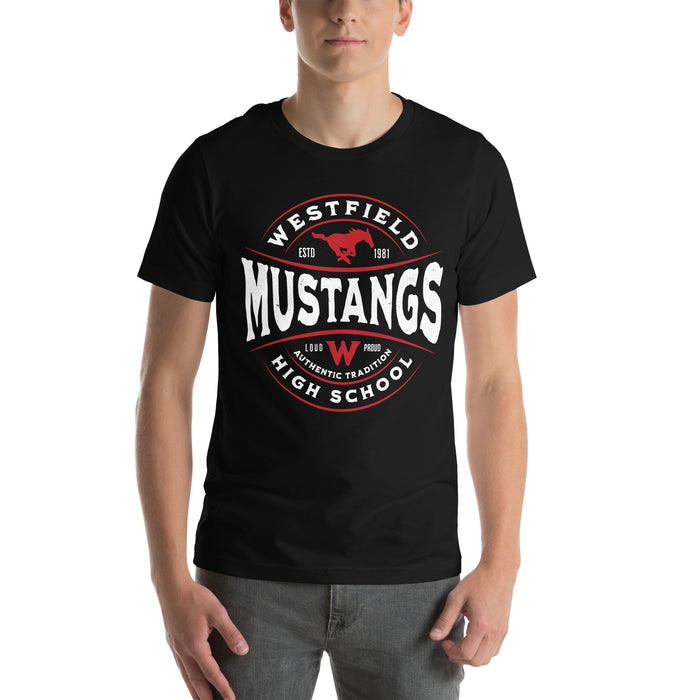 Man wearing Westfield High School Mustangs Black Premium Unisex T-shirt 218