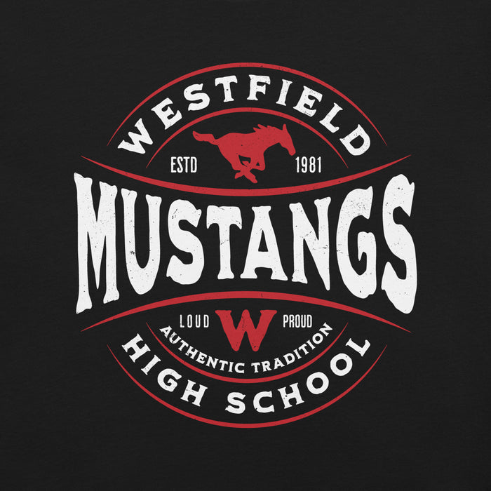 Close-up view of Westfield High School Mustangs Black Premium Unisex T-shirt 218