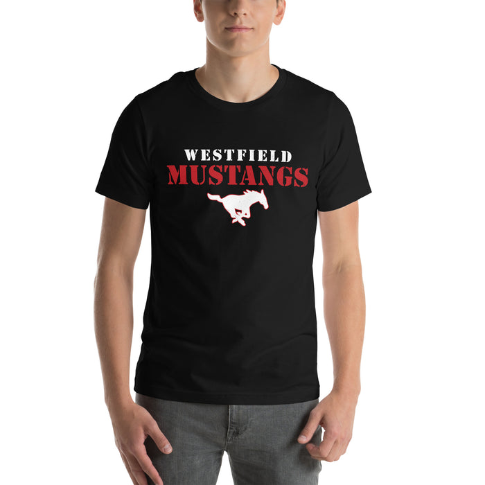 Man wearing Westfield High School Mustangs Black Premium Unisex T-shirt 222