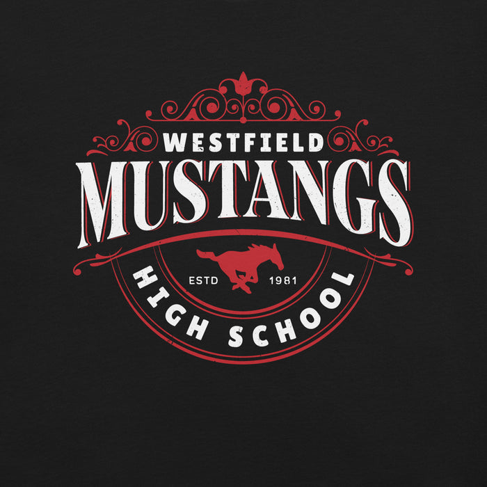 Close-up view of Westfield High School Mustangs Black Premium Unisex T-shirt 211