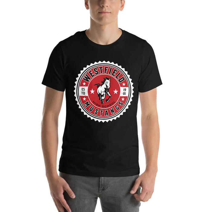 Man wearing Westfield High School Mustangs Black Premium Unisex T-shirt 203