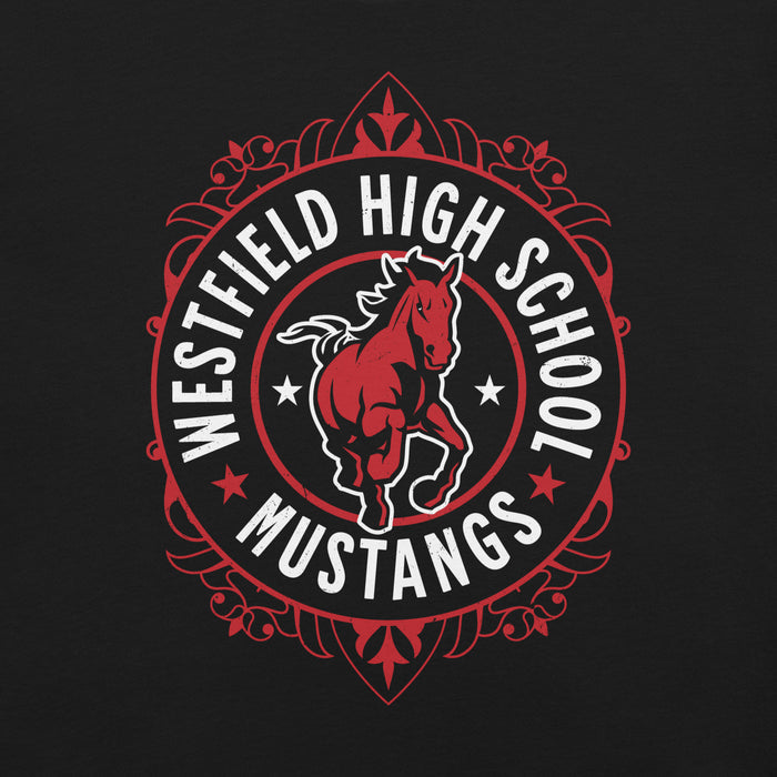 Close-up view of Westfield High School Mustangs Black Premium Unisex T-shirt 227