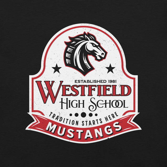 Close-up view of Westfield High School Mustangs Black Premium Unisex T-shirt 219