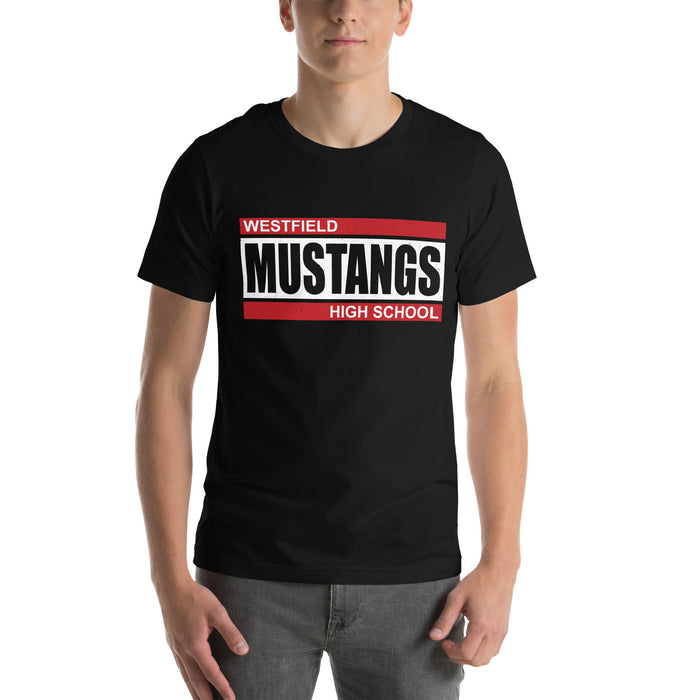 Man wearing Westfield High School Mustangs Black Premium Unisex T-shirt 098