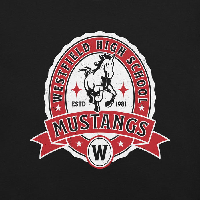 Close-up view of Westfield High School Mustangs Black Premium Unisex T-shirt 212