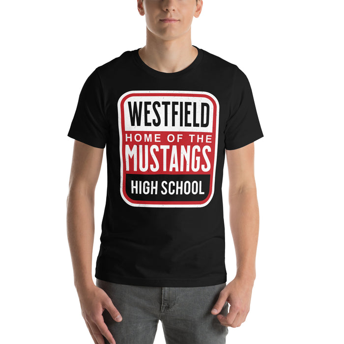 Man wearing Westfield High School Mustangs Black Premium Unisex T-shirt 001