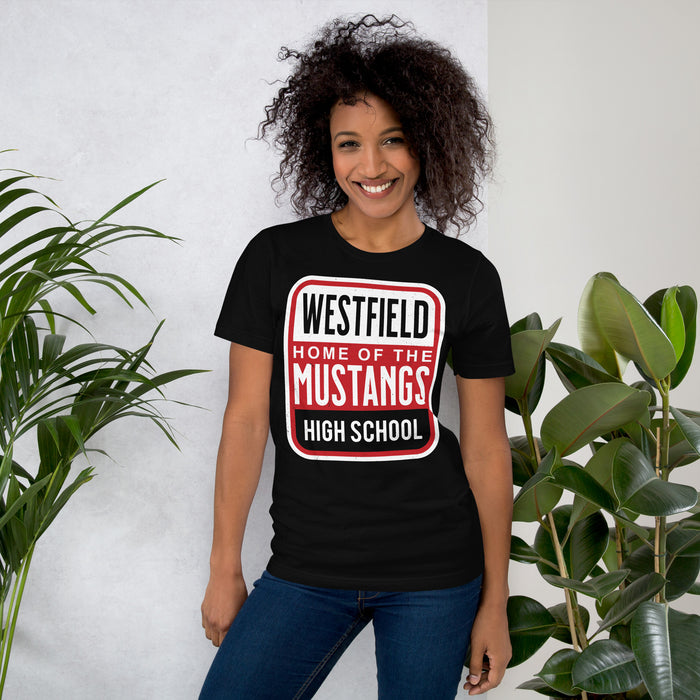 Woman wearing Westfield High School Mustangs Black Premium Unisex T-shirt 001