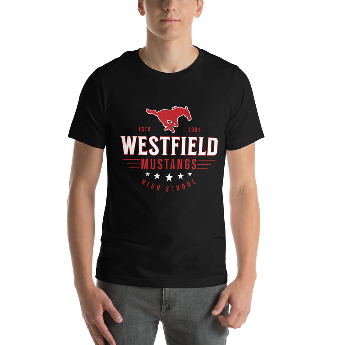 Man wearing Westfield High School Mustangs Black Premium Unisex T-shirt 217