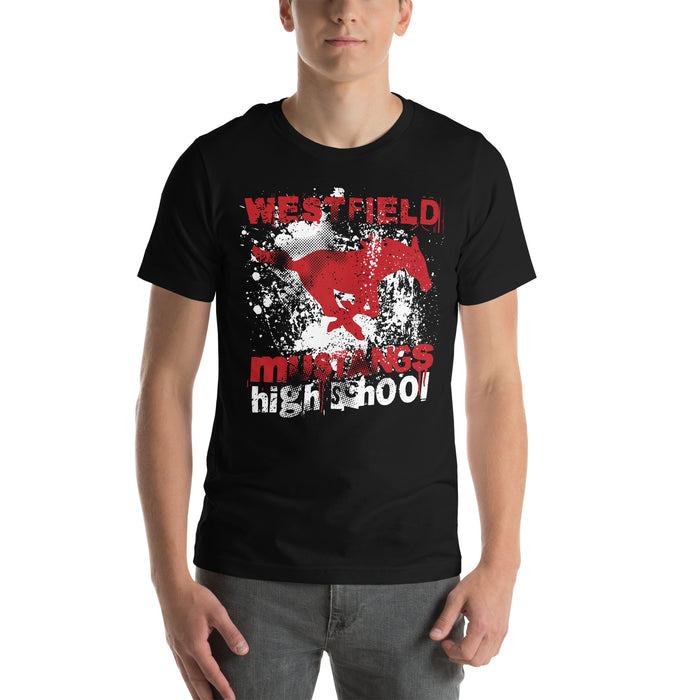 Man wearing Westfield High School Mustangs Black Premium Unisex T-shirt 205