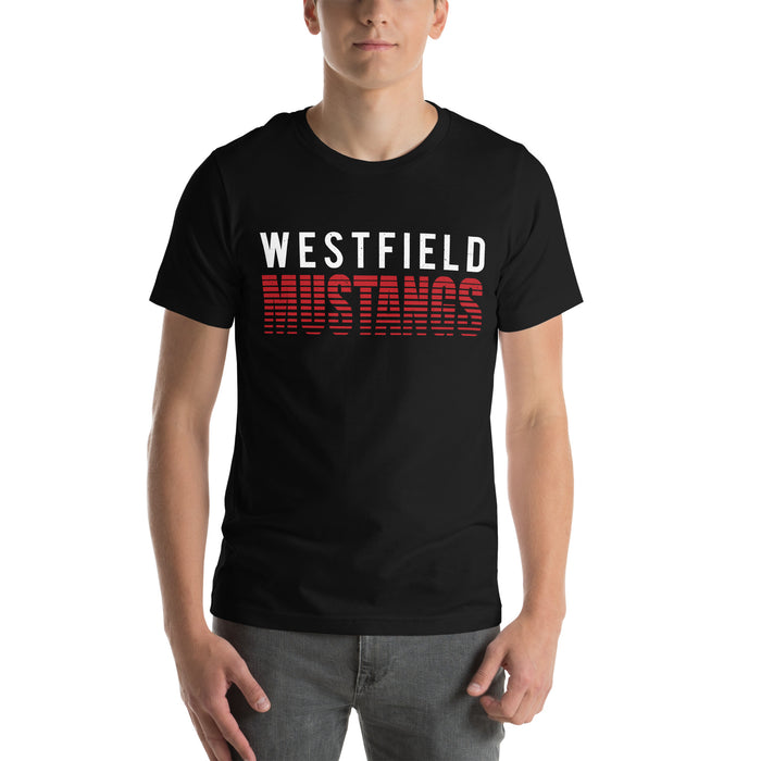 Man wearing Westfield High School Mustangs Black Premium Unisex T-shirt 024