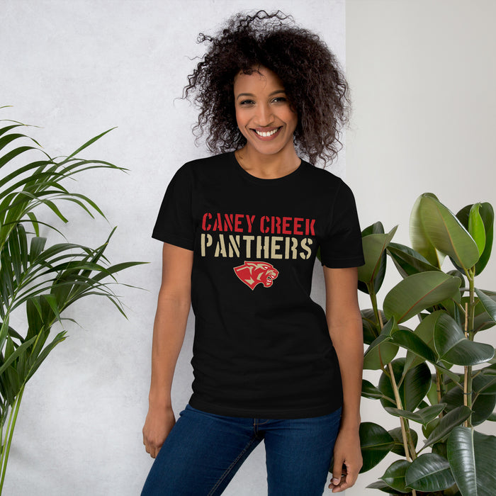Woman wearing Caney Creek High School Panthers Black Premium Unisex T-shirt 017