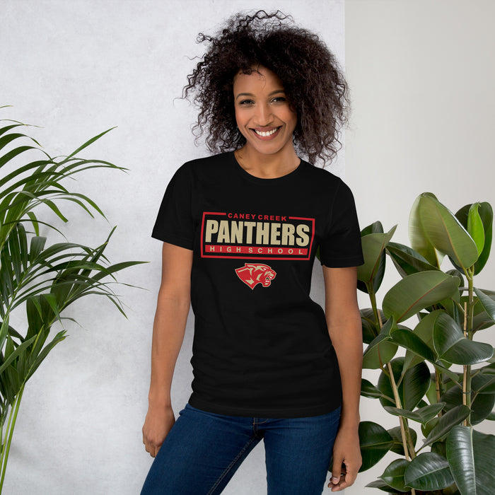 Woman wearing Caney Creek High School Panthers Black Premium Unisex T-shirt 049
